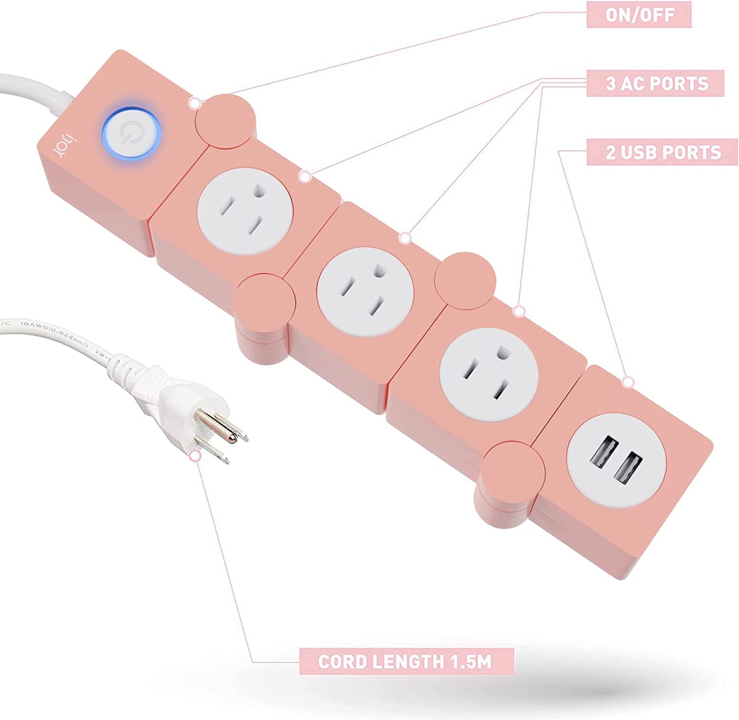 Flexible Power Strip - 3 AC Outlets and 2 USB Charging Ports with Pink Extension Cord, Power Strips with Surge Protection, Decorative Surge Protector Outlet Extender for Home, Office, and More