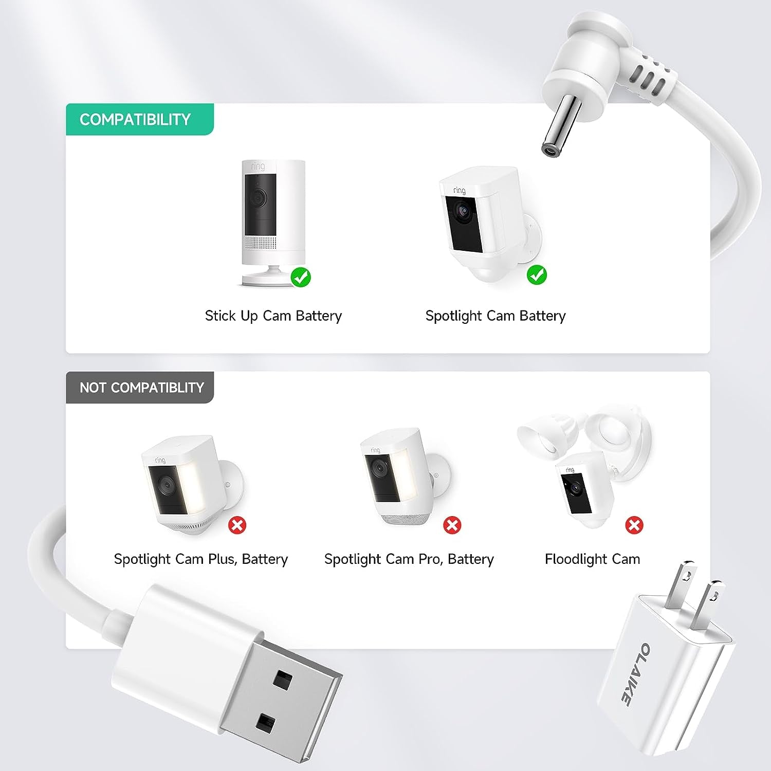 5M/16Ft Charge Cable with DC Power Adapter Compatible with Ring Stick up Cam Battery 3Rd Gen/2Nd Gen/Plug-In, Weatherproof Cable to Continuously Charge Your Camera,White