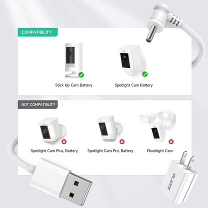 5M/16Ft Charge Cable with DC Power Adapter Compatible with Ring Stick up Cam Battery 3Rd Gen/2Nd Gen/Plug-In, Weatherproof Cable to Continuously Charge Your Camera,White