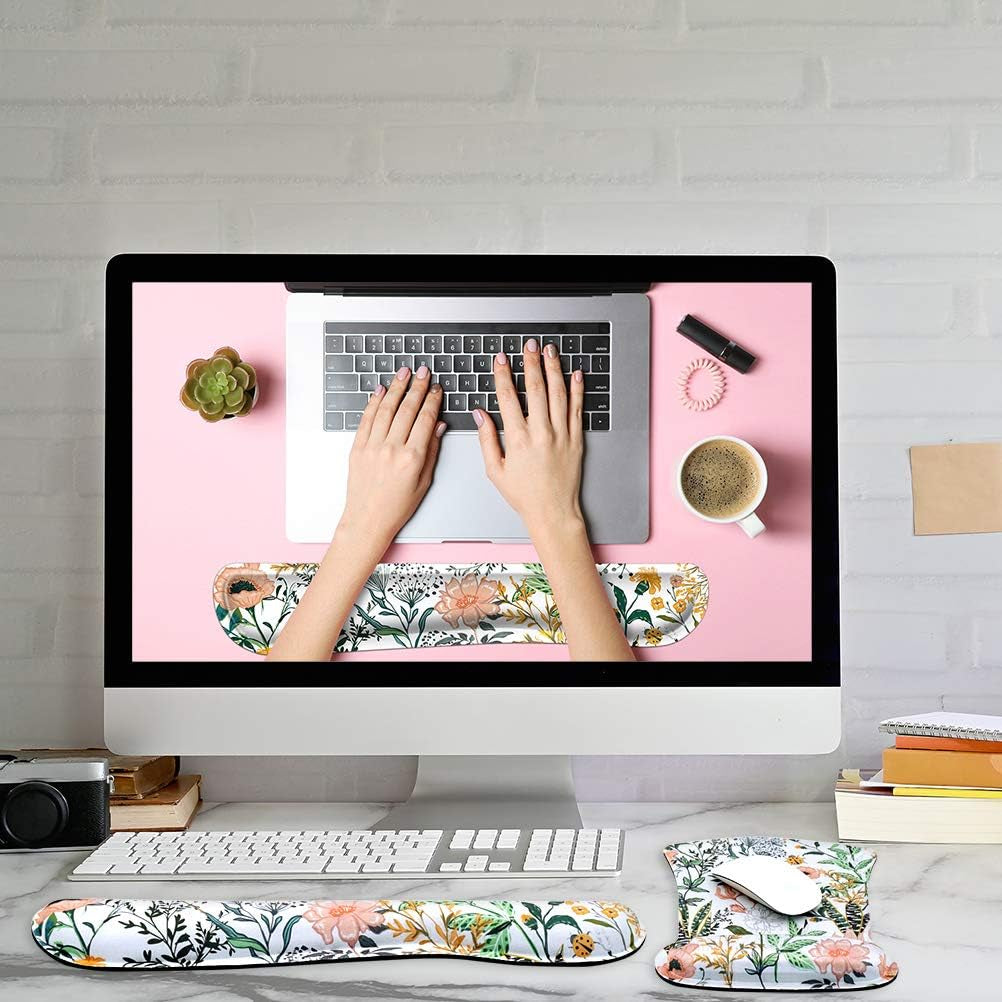 Ergonomic Mouse Pad with Wrist Rest Support and Keyboard Wrist Rest Set with Coaster,  Cute Wrist Pad with Non-Slip Rubber Base and Raised Memory Foam, Easy Typing & Pain Relief, Floral