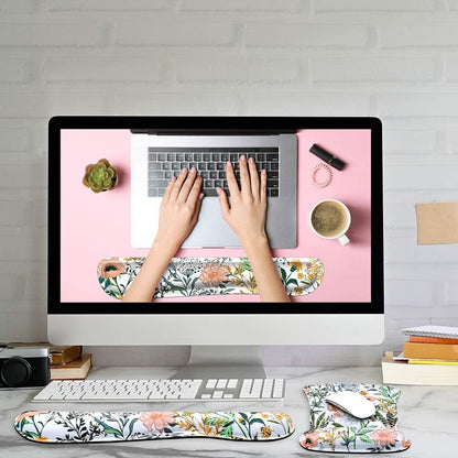 Ergonomic Mouse Pad with Wrist Rest Support and Keyboard Wrist Rest Set with Coaster,  Cute Wrist Pad with Non-Slip Rubber Base and Raised Memory Foam, Easy Typing & Pain Relief, Floral