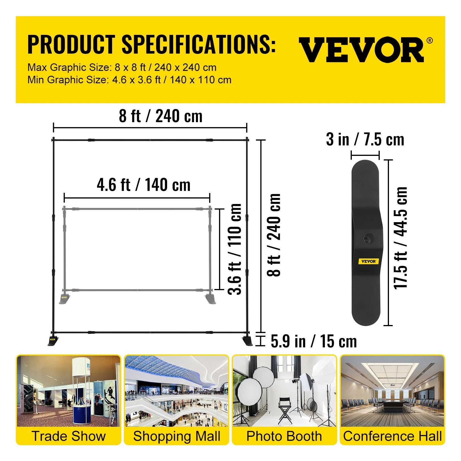 VEVOR Telescopic Backdrop Banner Stand 8' X 8' Banner Stand Adjustable Step and Repeat Backdrop Banner Stand Retractable Banner Stand with Carrying Bag (8 Ft)