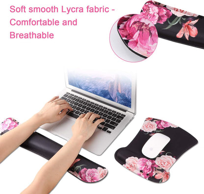 Keyboard Wrist Rest Pad and Mouse Pad Wrist Support, Non Slip Rubber Base Mousepad Set, Mouse Wrist Rest with Ergonomic Raised Memory Foam for Easy Typing & Pain Relief, Adorable Peony Flower