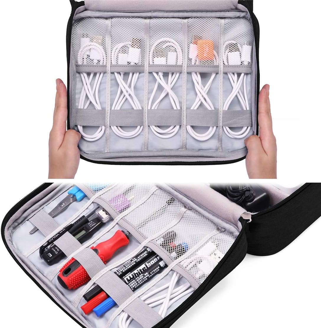 Portable Electronic Organizer Travel Accessories Cable Bag Universal Cord Storage Case Carrying for Charging Cable, Cell Phone, Power Bank,Mini Tablet(Single Layer,Black)