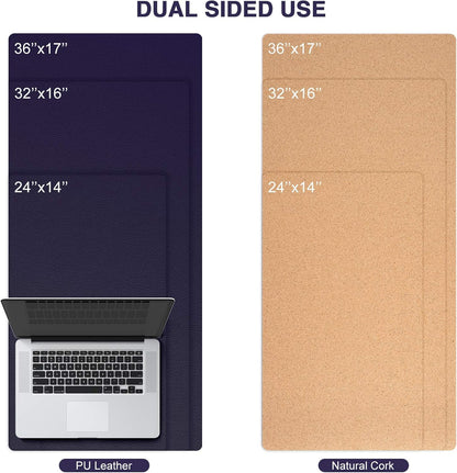 Large Natural Cork & Leather Desk Pad, Double-Sided Desk Protector, Smooth Surface Mouse Pad, Waterproof Desk Mat for Office/Home/Gaming (32" X 16" Navy Blue)