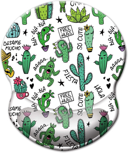 Ergonomic Mouse Pad with Gel Wrist Support Small Wrist Rest Smooth Surface Non-Slip PU Base Comfortable Office Supplies Pain Relief, 8.7 X 7.2 Inches, Cute Cactus with White Design