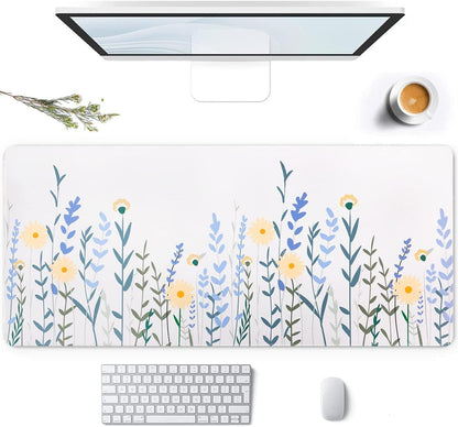 Desk Mat, Gaming Mouse Pad Large, Desk Pad (35.4 X 15.7 Inch), Water-Resistant Mousepad, Keyboard Pad with Stitched Edges, Non-Slip Rubber Base Mousepad for Home Office Decor(White Floral）