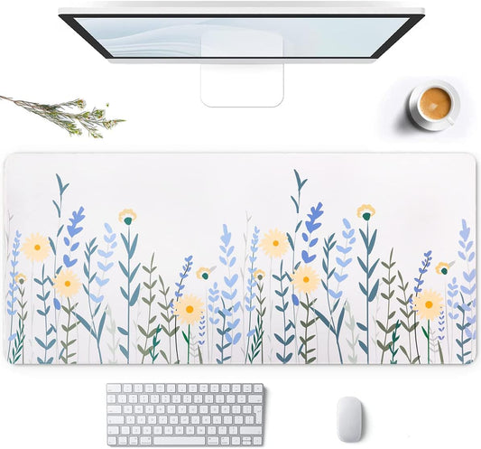 Desk Mat, Gaming Mouse Pad Large, Desk Pad (35.4 X 15.7 Inch), Water-Resistant Mousepad, Keyboard Pad with Stitched Edges, Non-Slip Rubber Base Mousepad for Home Office Decor(White Floral）