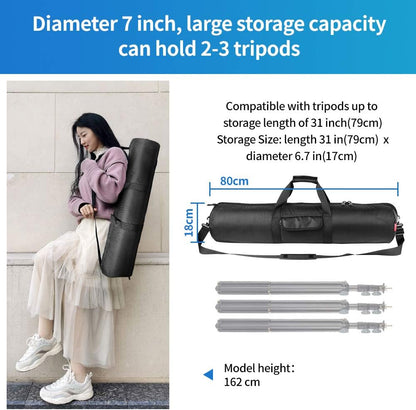 Tripod Case, 31.5X7X7 in Heavy Duty Tripod Bag with Shoulder Straps and Handles, All Sides 1 Cm Thick Padded Carrying Case with Two Zippered Pockets for Speaker Stand, Monopod - R08018 Black