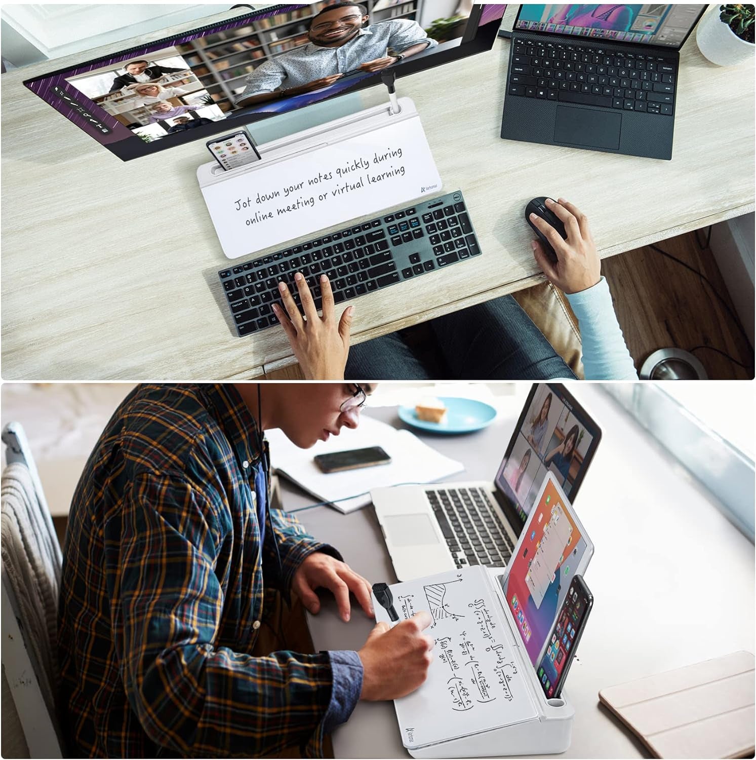 Glass Desk Whiteboard with Storage, Desk Buddy To-Do List Memo Desktop Dry Erase White Board Keyboard Stand for Home Office and School Supplies (White)