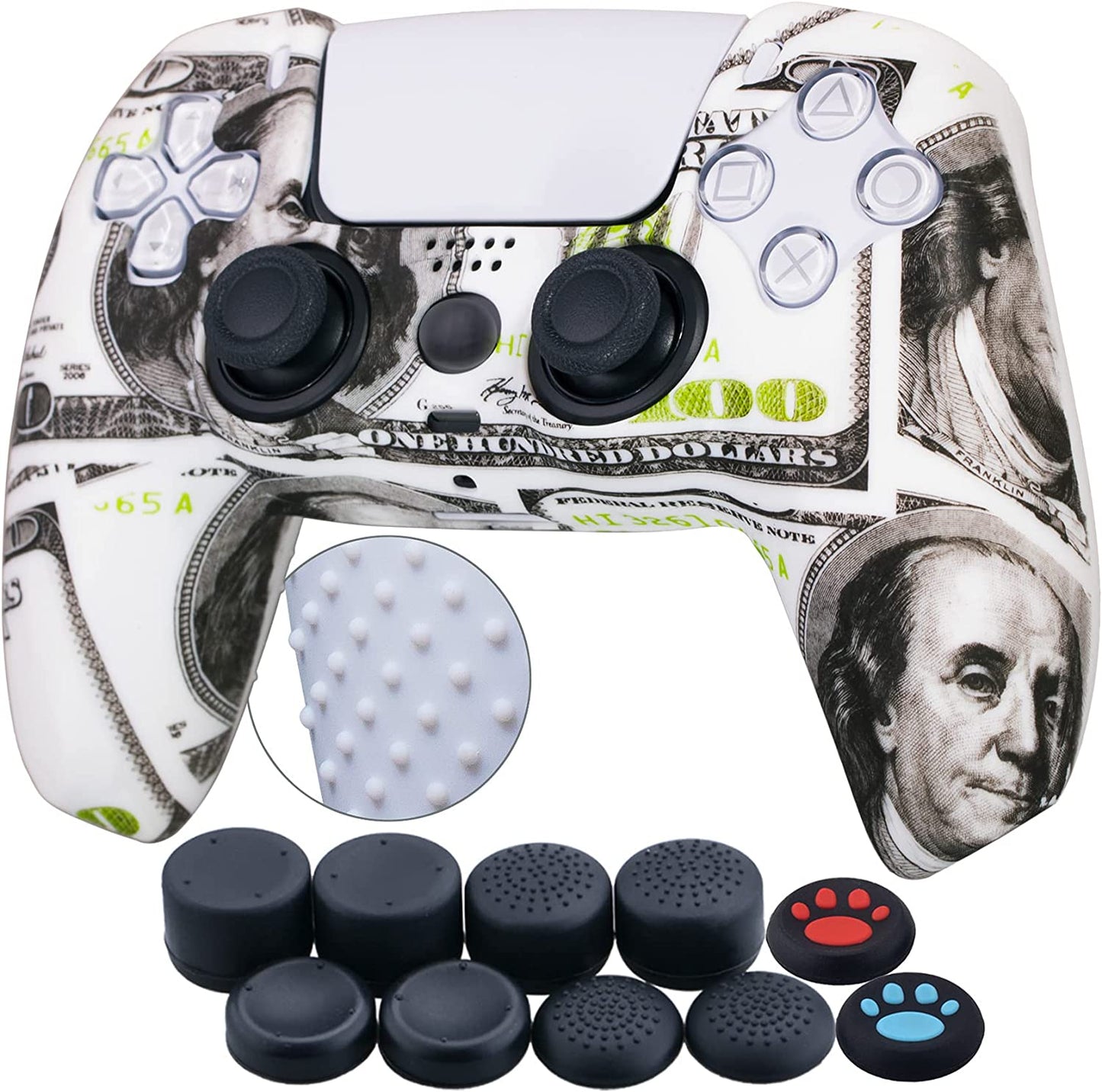 Water Transfer Printing Silicone Thickened Cover Skin Case for PS5 Controller X 1(US Dollars) with Thumb Grips X 10