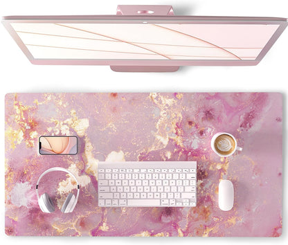 Large Mouse Pad, Cute Pink Desk Mat for Desktop, Women Girls PU Leather Waterproof Gaming, Rose Gold Marble Computer PC Laptop Protector Writing Pads for School Office Home 31.5" X 15.7"