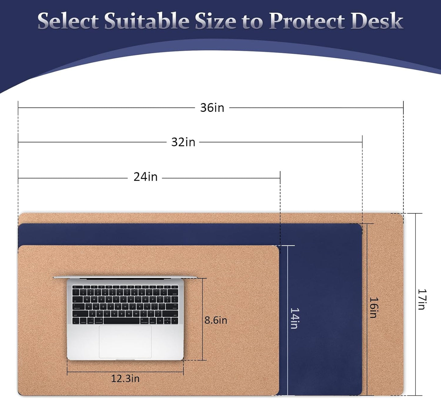 Leather Desk Pad - 24" X 14" Office Mat, Large Mouse Pad Protector, Desktop Cover, Writing Pad, Blotter (Cork+Dark Blue)