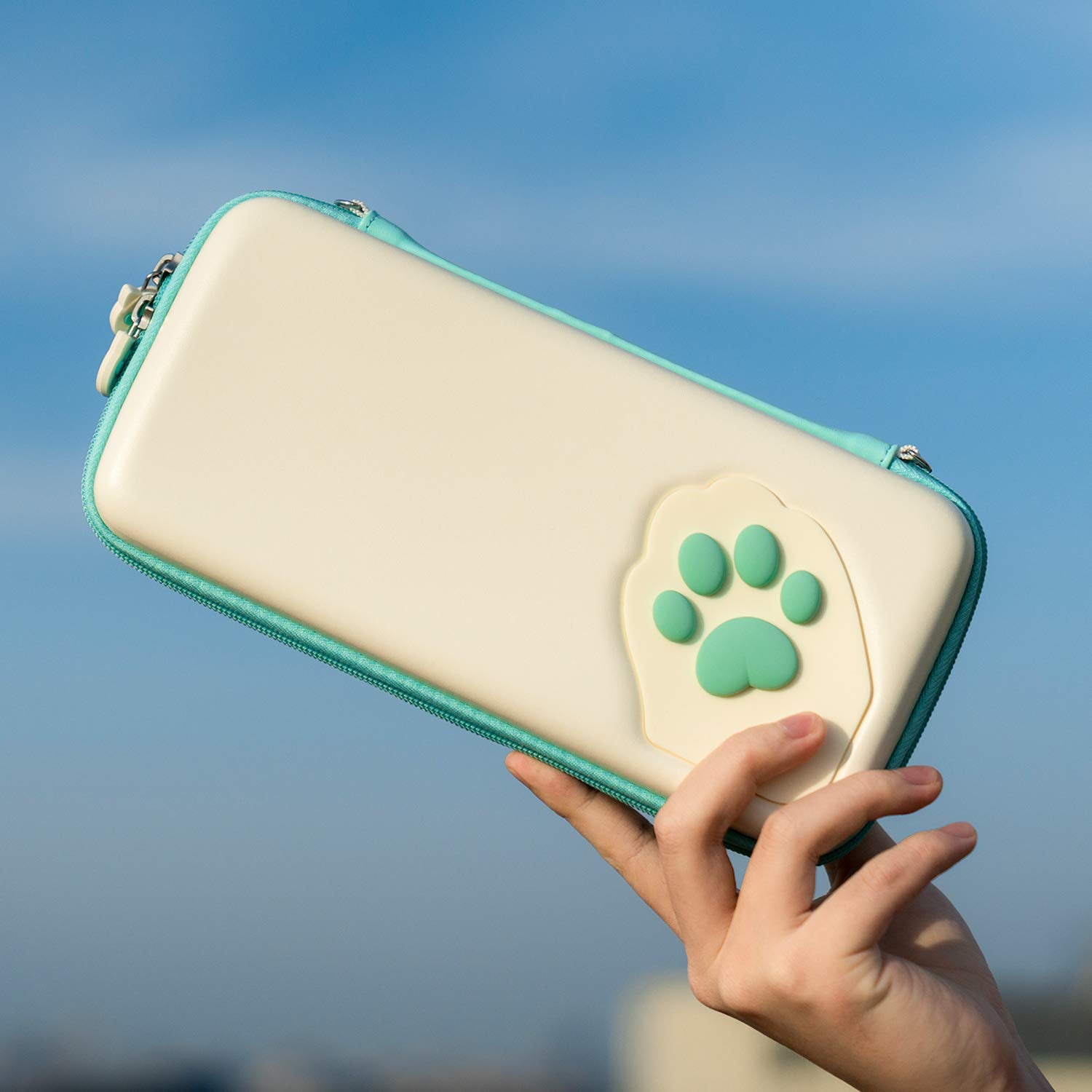 Cat Paw Carry Case for Switch/Switch OLED - Portable Hardshell Slim Travel Carrying Case Fit Switch Console & Game Accessories - a Removable Wrist Strap (Mojito Green)