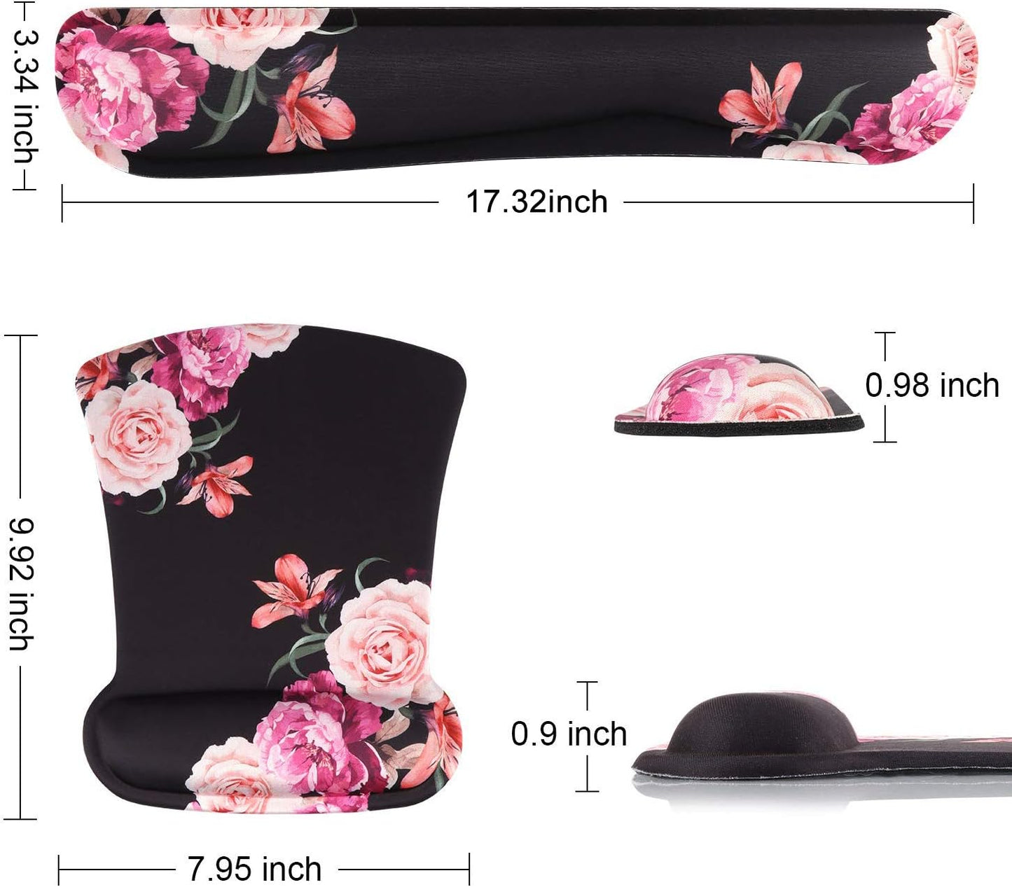 Keyboard Wrist Rest Pad and Mouse Pad Wrist Support, Non Slip Rubber Base Mousepad Set, Mouse Wrist Rest with Ergonomic Raised Memory Foam for Easy Typing & Pain Relief, Adorable Peony Flower