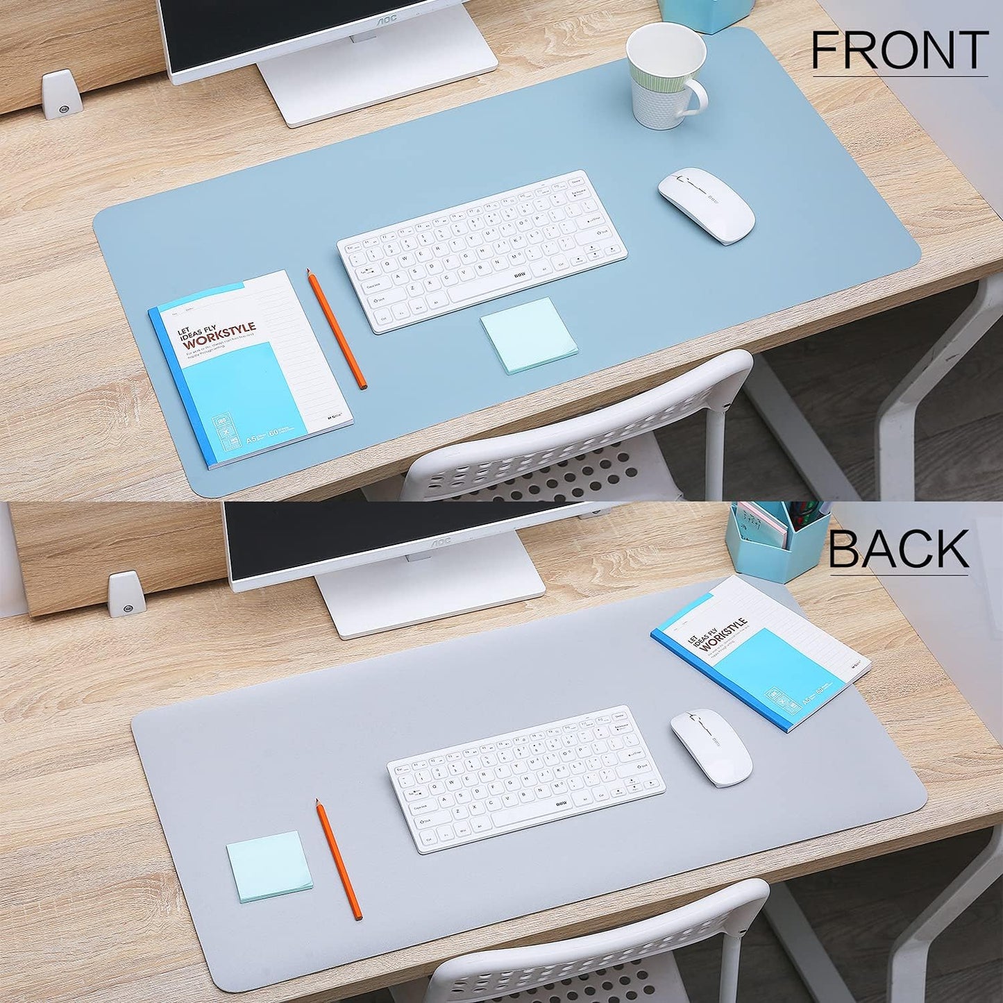 Dual Sided Leather Desk Pad (23.6 X 13.7), Office Waterproof Desk Mat, PU Mouse Pad, Desk Protector Cover, Desk Writing Mat for Office/Home/Work/Cubicle (Light Blue/Silver)