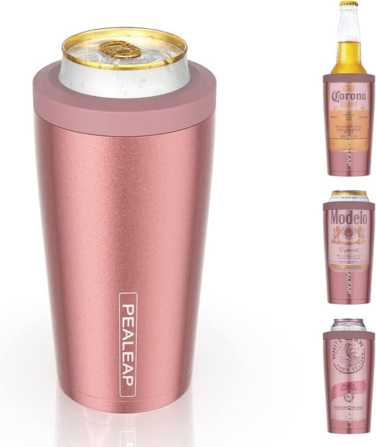 4 in 1 Insulated Slim Can Cooler for 12 OZ Cans and Beer Bottle - Keep 8 Hours Cold, Easy to Hold - Stainless Steel Can Holder, Double Walled Can Insulator for Hard Seltzer and More (Rose Gold)