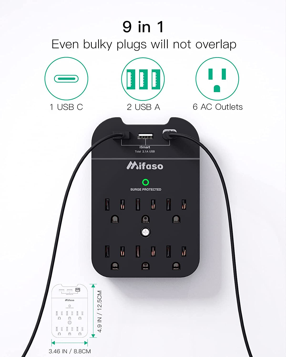 Wall Outlet Extender Surge Protector - 6 Outlet Wall Adapter with 3 USB Charging Ports (1 USB-C, 2 USB A), Multi Plug Outlets Wall Mount with Top Phone Holder for Home, Dorm Essentail, 490 Joules