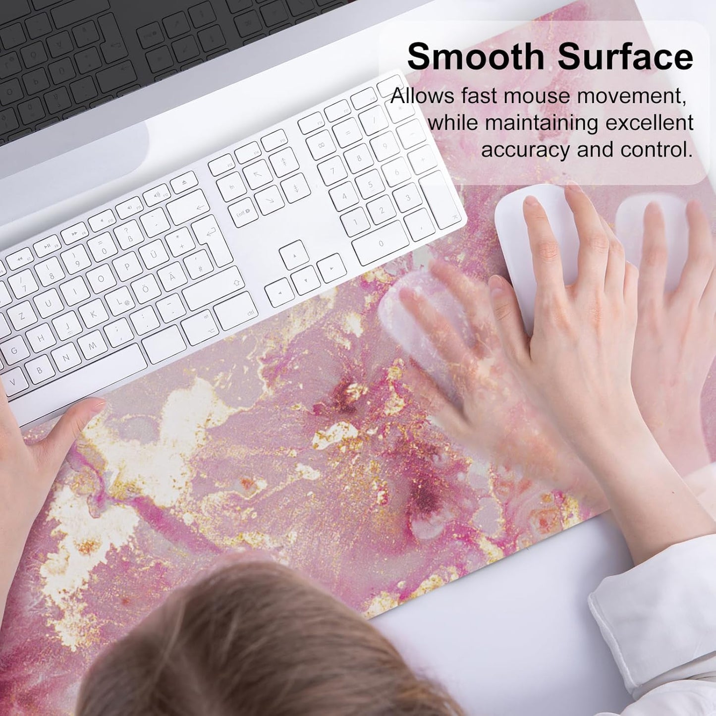 Large Mouse Pad, Cute Pink Desk Mat for Desktop, Women Girls PU Leather Waterproof Gaming, Rose Gold Marble Computer PC Laptop Protector Writing Pads for School Office Home 31.5" X 15.7"