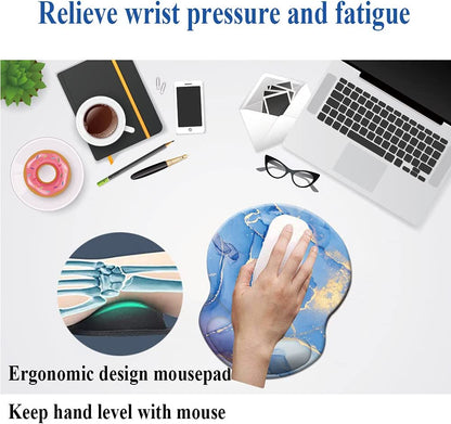 Wrist Mouse Pad, Non-Slip Ergonomic Mouse Pad with Gel Wrist Rest Support, Gaming Mouse Pad 8.7 X 7.5 Inches Pad for Computer, Laptop, Home, Office (Marble Golden Blue)