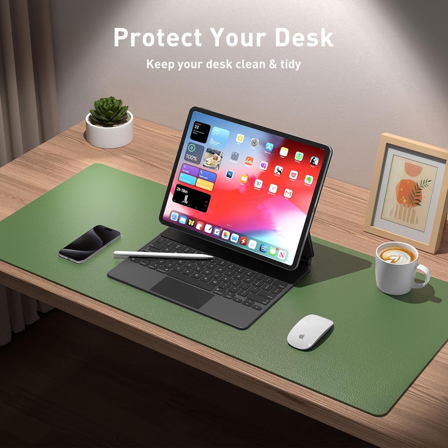 Leather Desk Pad Protector, Mouse Pad, Office Desk Mat, Non-Slip PU Leather Desk Blotter, Laptop Desk Pad, Waterproof Desk Writing Pad for Office and Home (31.5" X 15.7",Olive Green)