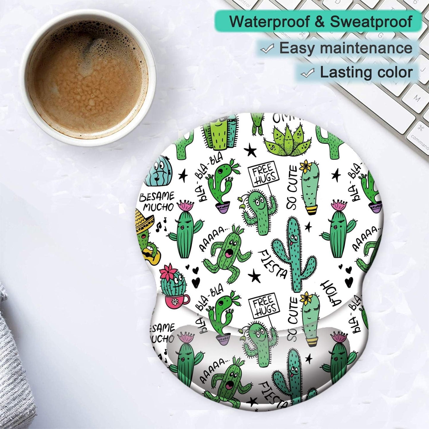 Ergonomic Mouse Pad with Gel Wrist Support Small Wrist Rest Smooth Surface Non-Slip PU Base Comfortable Office Supplies Pain Relief, 8.7 X 7.2 Inches, Cute Cactus with White Design