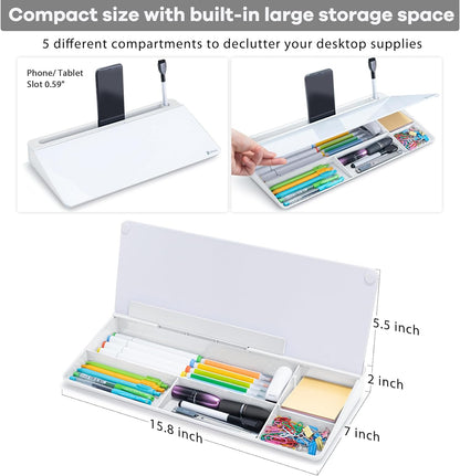 Glass Desk Whiteboard with Storage, Desk Buddy To-Do List Memo Desktop Dry Erase White Board Keyboard Stand for Home Office and School Supplies (White)