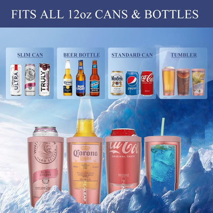 4 in 1 Insulated Slim Can Cooler for 12 OZ Cans and Beer Bottle - Keep 8 Hours Cold, Easy to Hold - Stainless Steel Can Holder, Double Walled Can Insulator for Hard Seltzer and More (Rose Gold)