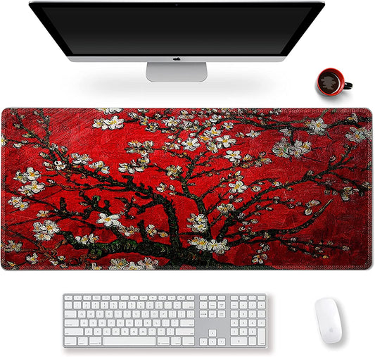 Extended Gaming Mouse Pad XXL Large Keyboard Mat Long Mousepad Desk Decor Writing Pad Non Slip Rubber Base Stitched Edges for Work, Game, Office, Home, 35.1" X 15.7", Red Painting