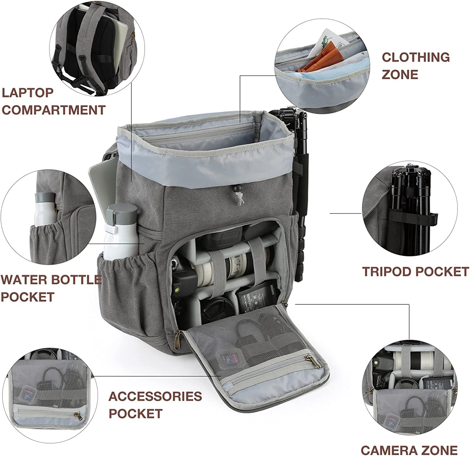 DSLR Waterproof Camera Backpack, Anti-Theft Large Photography Bags for Photographers, Fit up to 15" Laptop with Rain Cover, Grey