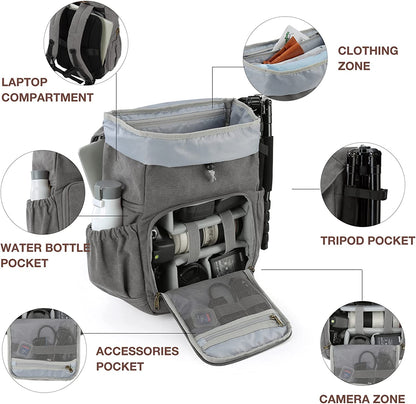 DSLR Waterproof Camera Backpack, Anti-Theft Large Photography Bags for Photographers, Fit up to 15" Laptop with Rain Cover, Grey