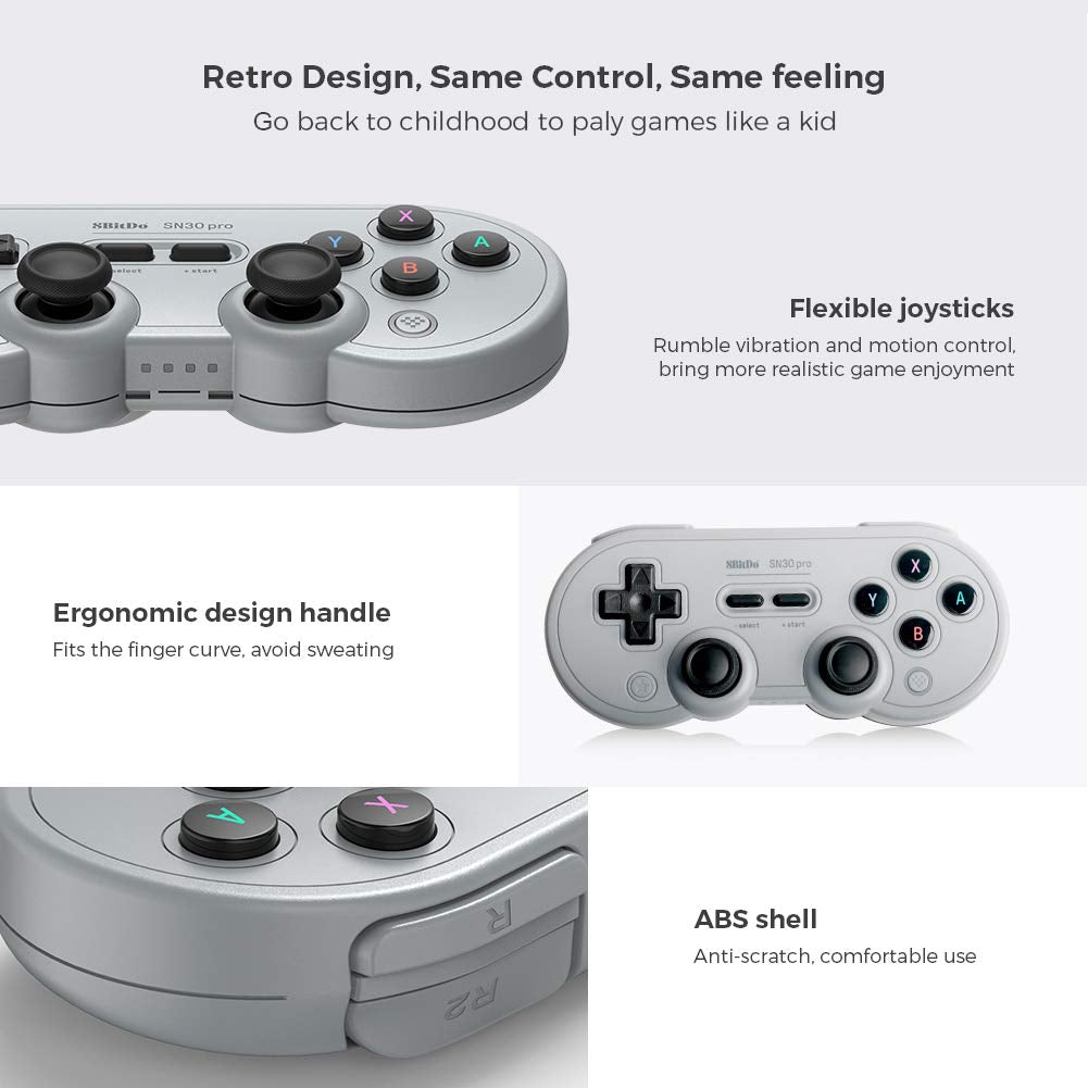 SN30 Pro Bluetooth Controller, Hall Effect Joystick Update, Compatible with Switch, PC, Macos, Android, Steam Deck & Raspberry Pi (Gray)