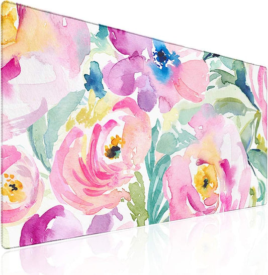 Floral Mouse Pad, Large Desk Mat for Keyboard and Mouse, Cute Desk Pad Mat with Stitched Edges, Non Slip Big Mouse Pad for Office Home, 31.5'' X 15.7'' (Pink Peony)