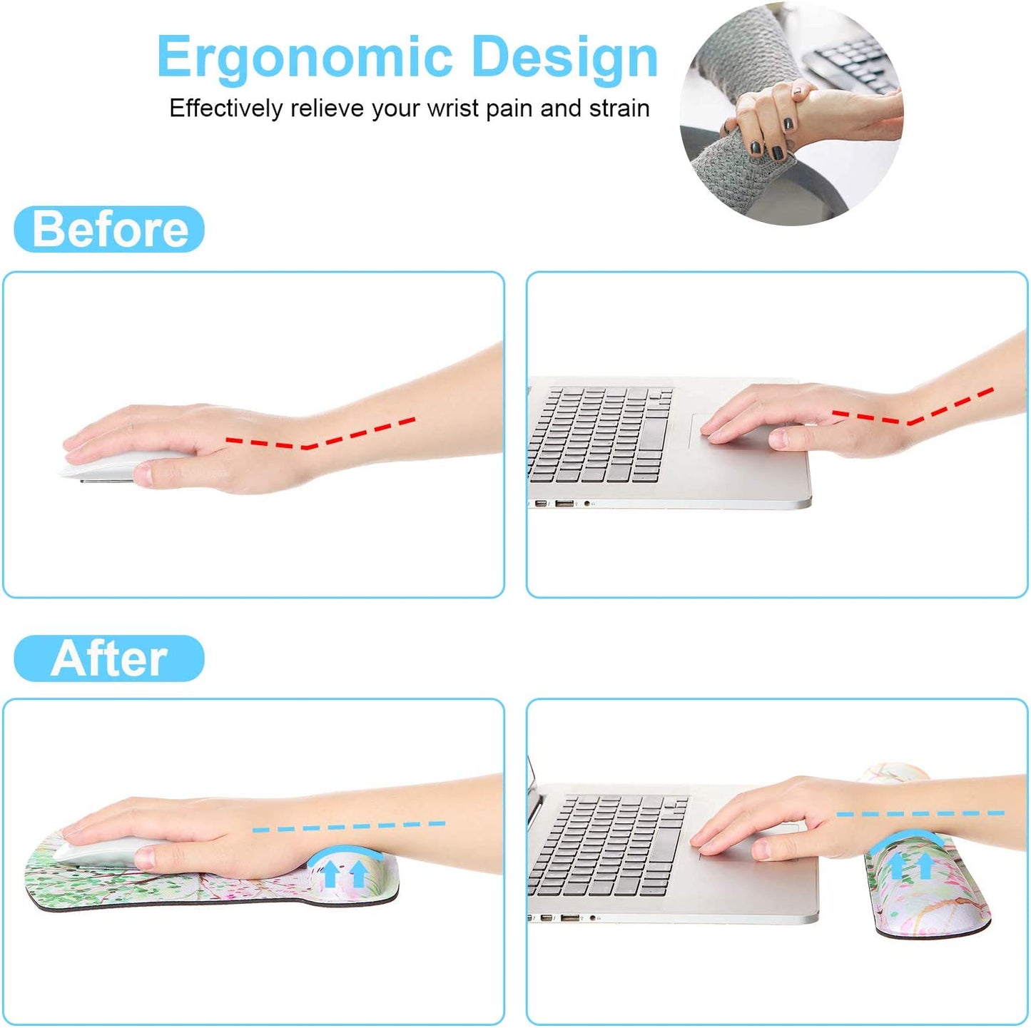 Ergonomic Mouse Pad with Wrist Rest Support and Keyboard Wrist Rest Set with Coaster,  Cute Wrist Pad with Non-Slip Rubber Base and Raised Memory Foam, Easy Typing & Pain Relief, Floral