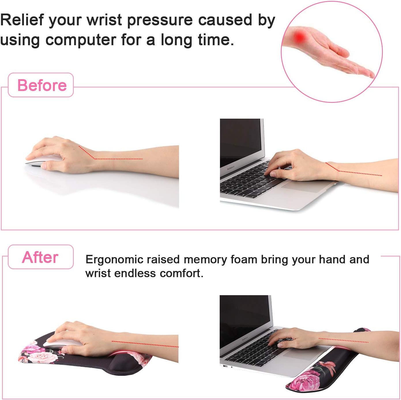 Keyboard Wrist Rest Pad and Mouse Pad Wrist Support, Non Slip Rubber Base Mousepad Set, Mouse Wrist Rest with Ergonomic Raised Memory Foam for Easy Typing & Pain Relief, Adorable Peony Flower