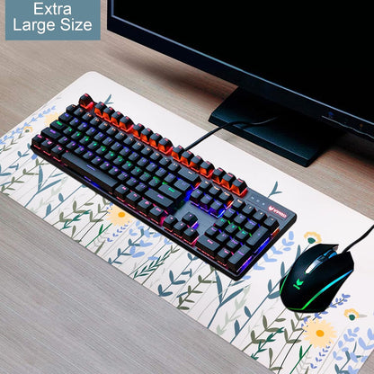 Desk Mat, Gaming Mouse Pad Large, Desk Pad (35.4 X 15.7 Inch), Water-Resistant Mousepad, Keyboard Pad with Stitched Edges, Non-Slip Rubber Base Mousepad for Home Office Decor(White Floral）