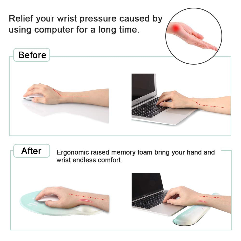 Mouse Pad Wrist Support and Keyboard Wrist Rest, Ergonomic Mousepad with Memory Foam, Non Slip Rubber Base, Waterproof Mouse Mat for Home, Office, Gaming (Stay Positive)