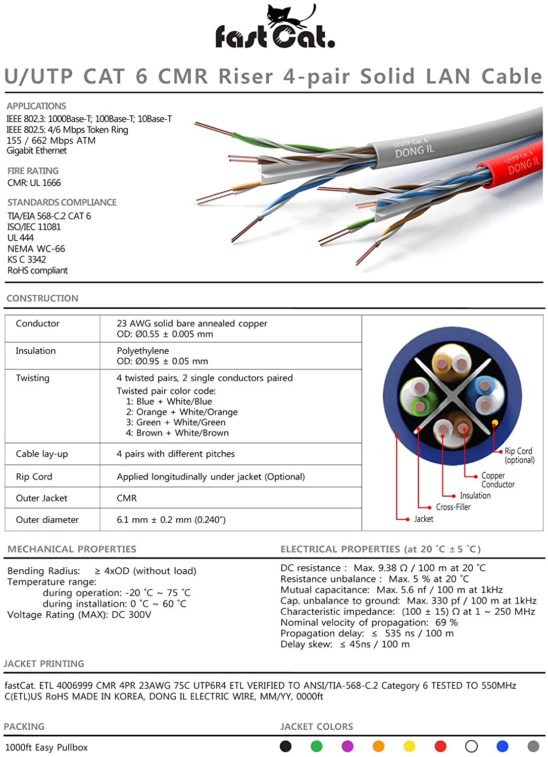 Cat6 Ethernet Cable 1000Ft - 23 AWG, CMR, Insulated Solid Bare Copper Wire Cat 6 Cable with Noise Reducing Cross Separator - 550MHZ / 10 Gigabit Speed UTP LAN Cat6 Cable 1000Ft - CMR (Gray)