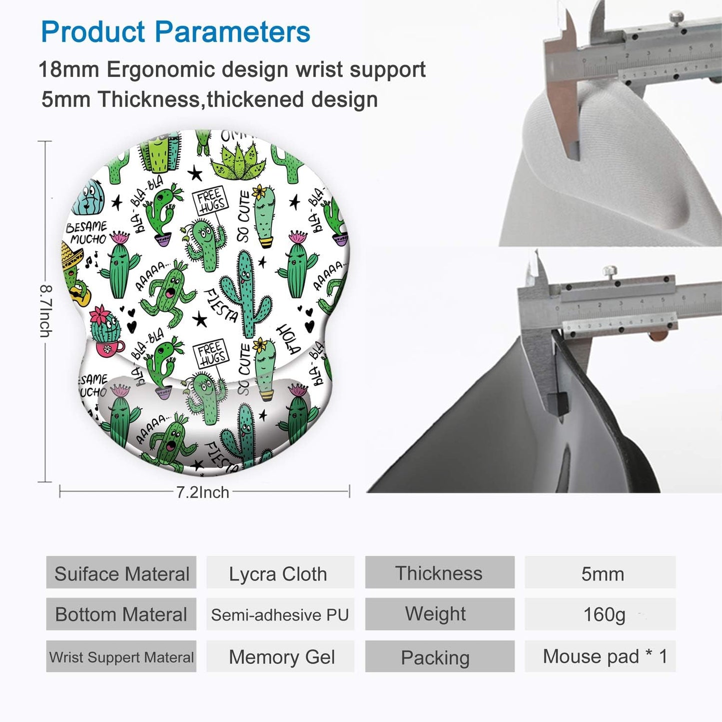 Ergonomic Mouse Pad with Gel Wrist Support Small Wrist Rest Smooth Surface Non-Slip PU Base Comfortable Office Supplies Pain Relief, 8.7 X 7.2 Inches, Cute Cactus with White Design