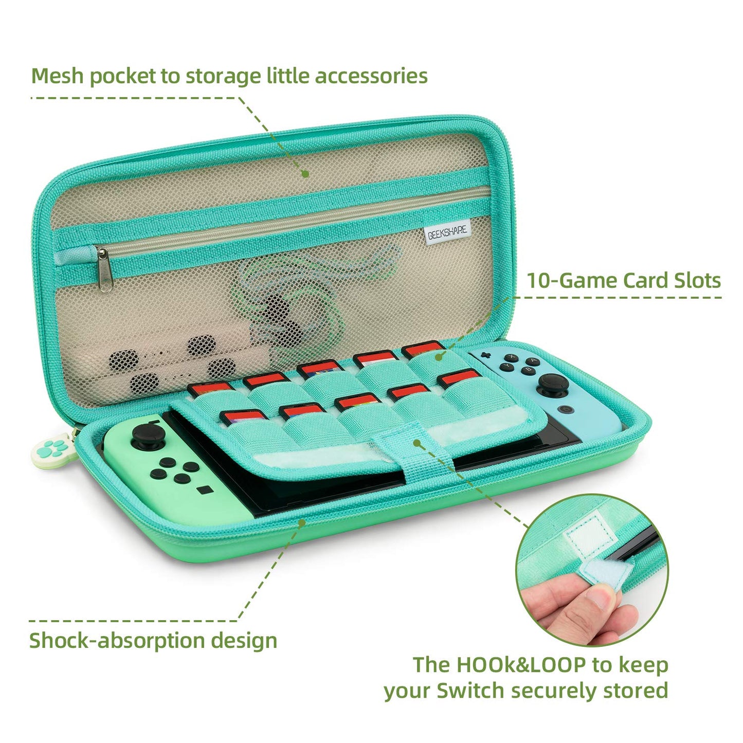 Cat Paw Carry Case for Switch/Switch OLED - Portable Hardshell Slim Travel Carrying Case Fit Switch Console & Game Accessories - a Removable Wrist Strap (Mojito Green)