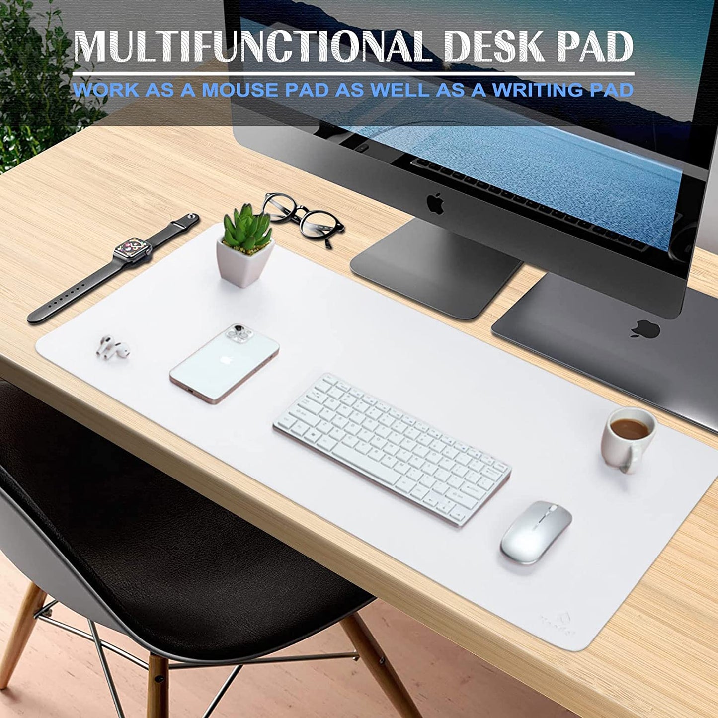 Large Office Leather Desk Mat, Mouse and Keyboard Pad, Computer and Laptop Mat, Desktop Protector and Cover, Writing Pad and Blotter (31.5"X15.7", White)