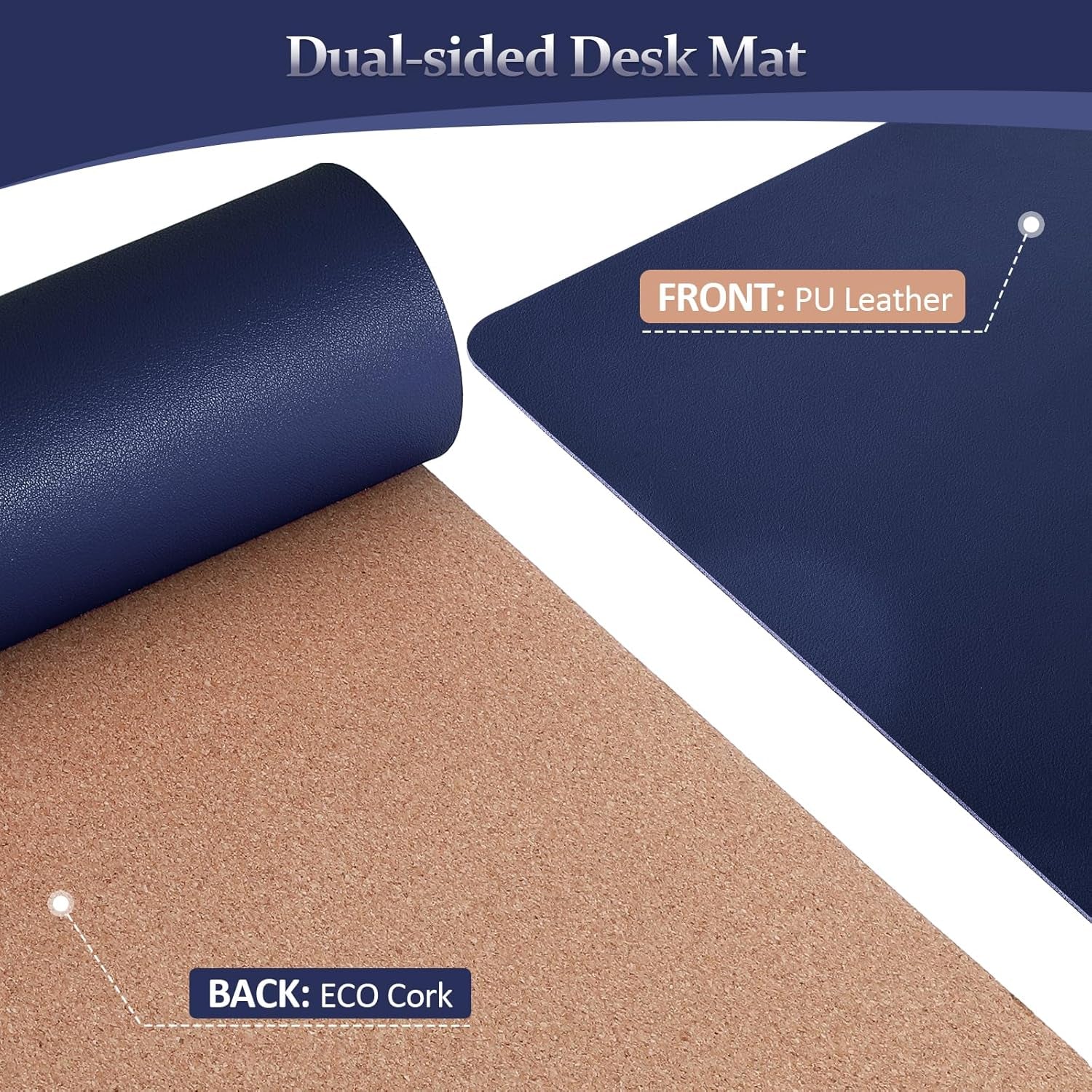 Leather Desk Pad - 24" X 14" Office Mat, Large Mouse Pad Protector, Desktop Cover, Writing Pad, Blotter (Cork+Dark Blue)