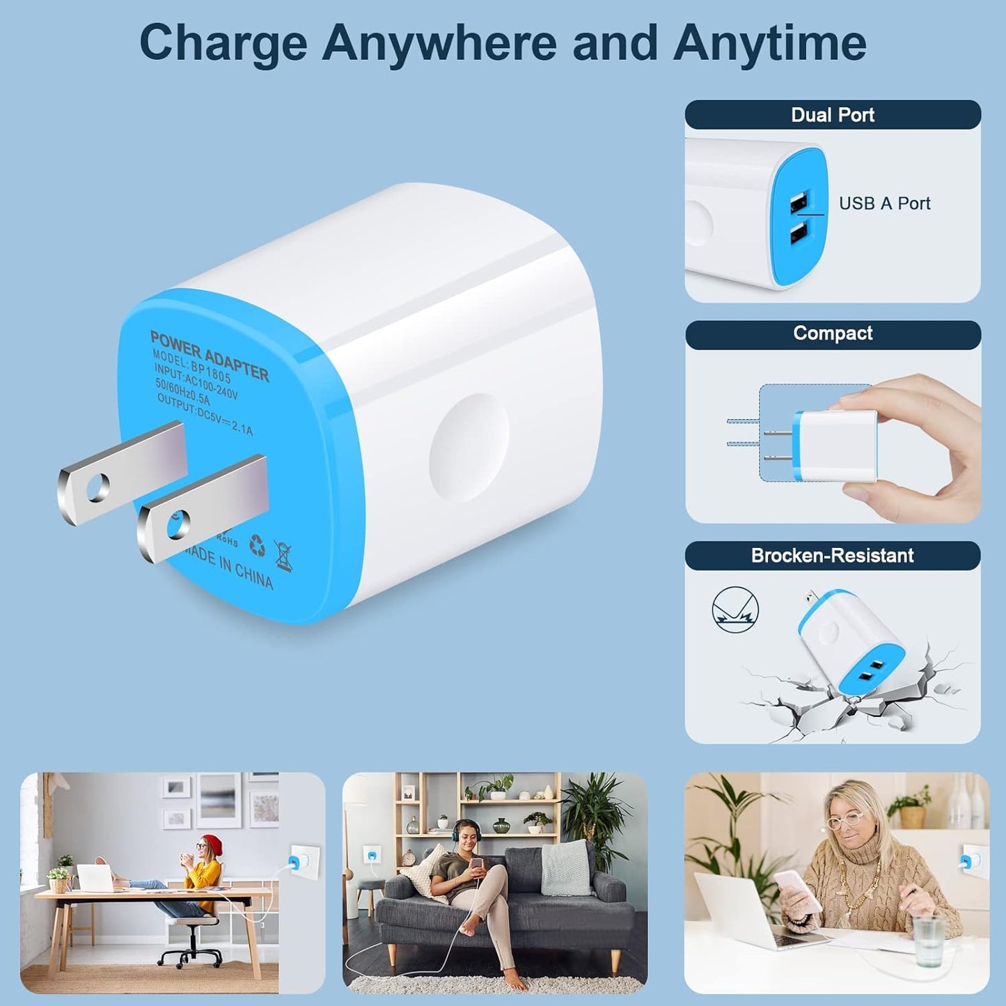 USB Charger Wall Plug, Iphone Charger Box, 5Pack Home Travel 2.1Amp Dual Port Fast Wall Charger Quick Charging Block Cube Brick for Iphone 16 15 14 13 12 Pro Max XR X 8 7 6,Ipad,Samsung,Android