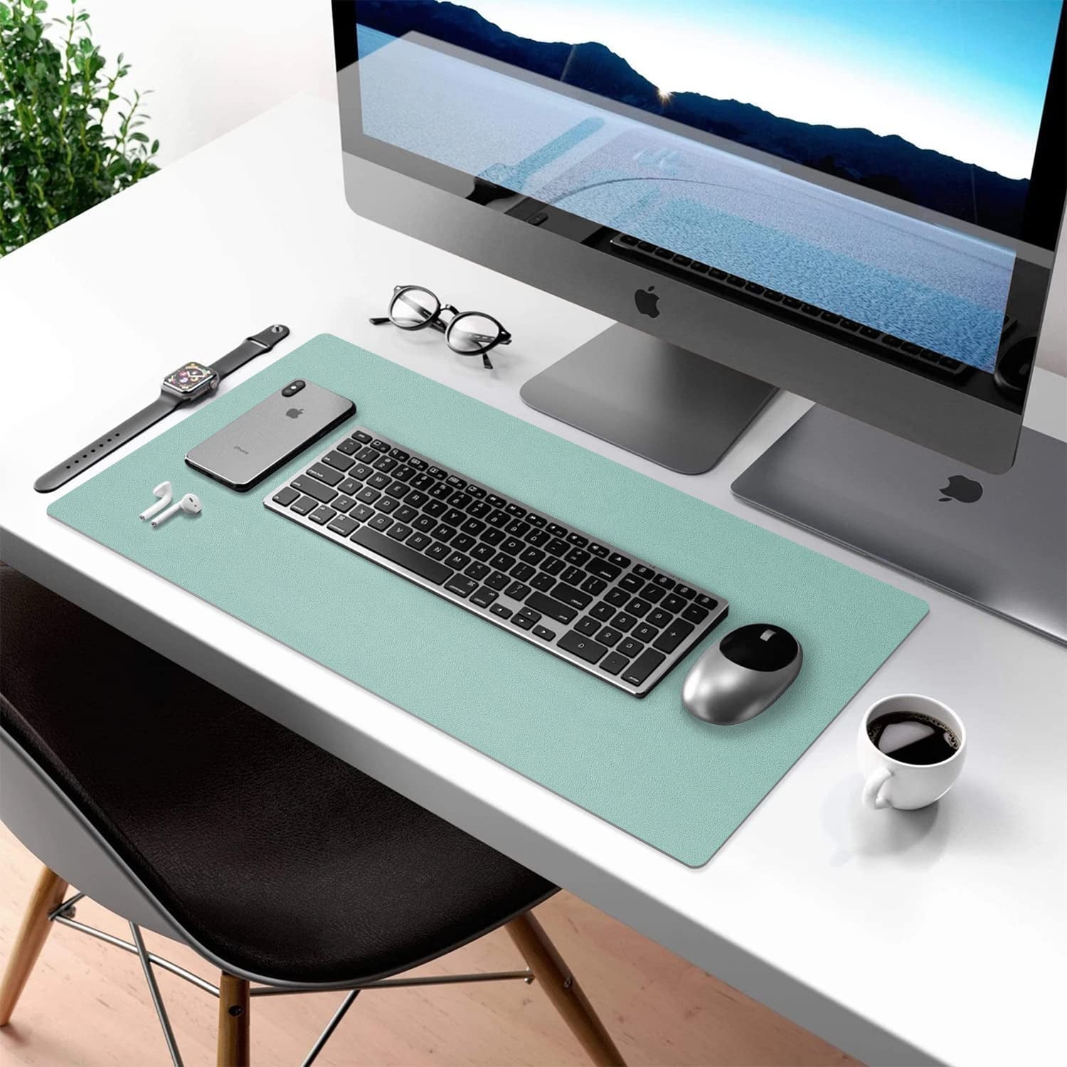 Desk Mat Large Protector Pad - Multifunctional Dual-Sided Office Desk Pad,Smooth Surface Soft Mouse Pad,Waterproof Desk Mat for Desktop, Pu Leather Desk Cover for Office/Home(Lake Blue, 31.5" X 15.7")