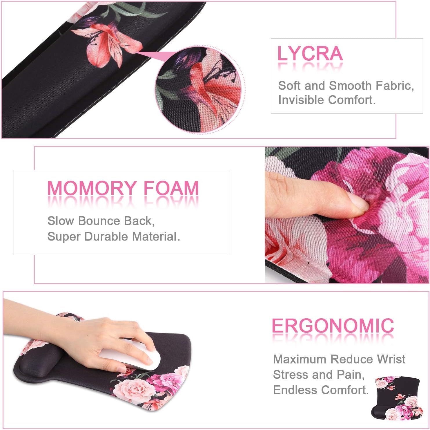 Keyboard Wrist Rest Pad and Mouse Pad Wrist Support, Non Slip Rubber Base Mousepad Set, Mouse Wrist Rest with Ergonomic Raised Memory Foam for Easy Typing & Pain Relief, Adorable Peony Flower