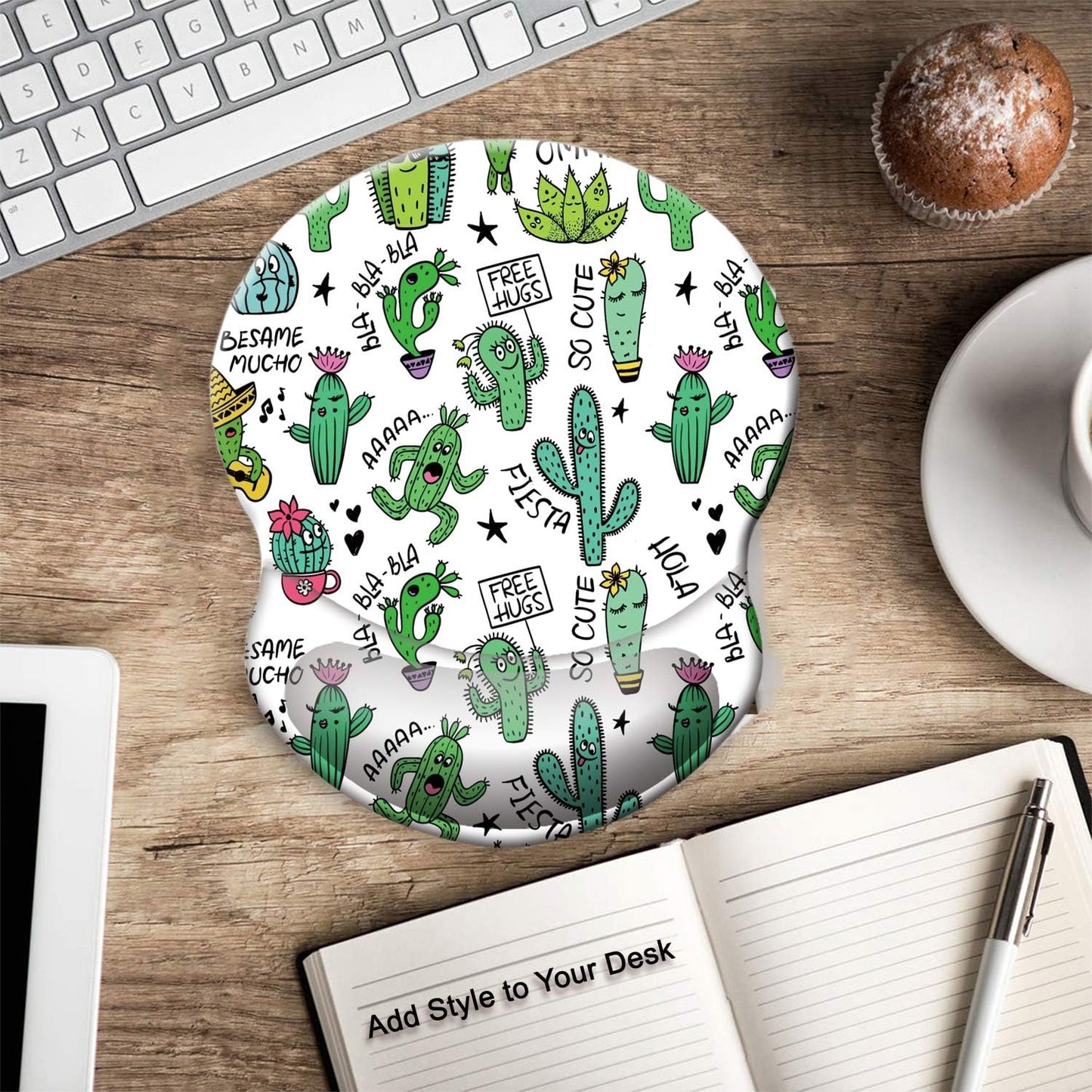 Ergonomic Mouse Pad with Gel Wrist Support Small Wrist Rest Smooth Surface Non-Slip PU Base Comfortable Office Supplies Pain Relief, 8.7 X 7.2 Inches, Cute Cactus with White Design