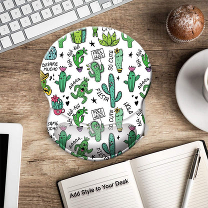 Ergonomic Mouse Pad with Gel Wrist Support Small Wrist Rest Smooth Surface Non-Slip PU Base Comfortable Office Supplies Pain Relief, 8.7 X 7.2 Inches, Cute Cactus with White Design