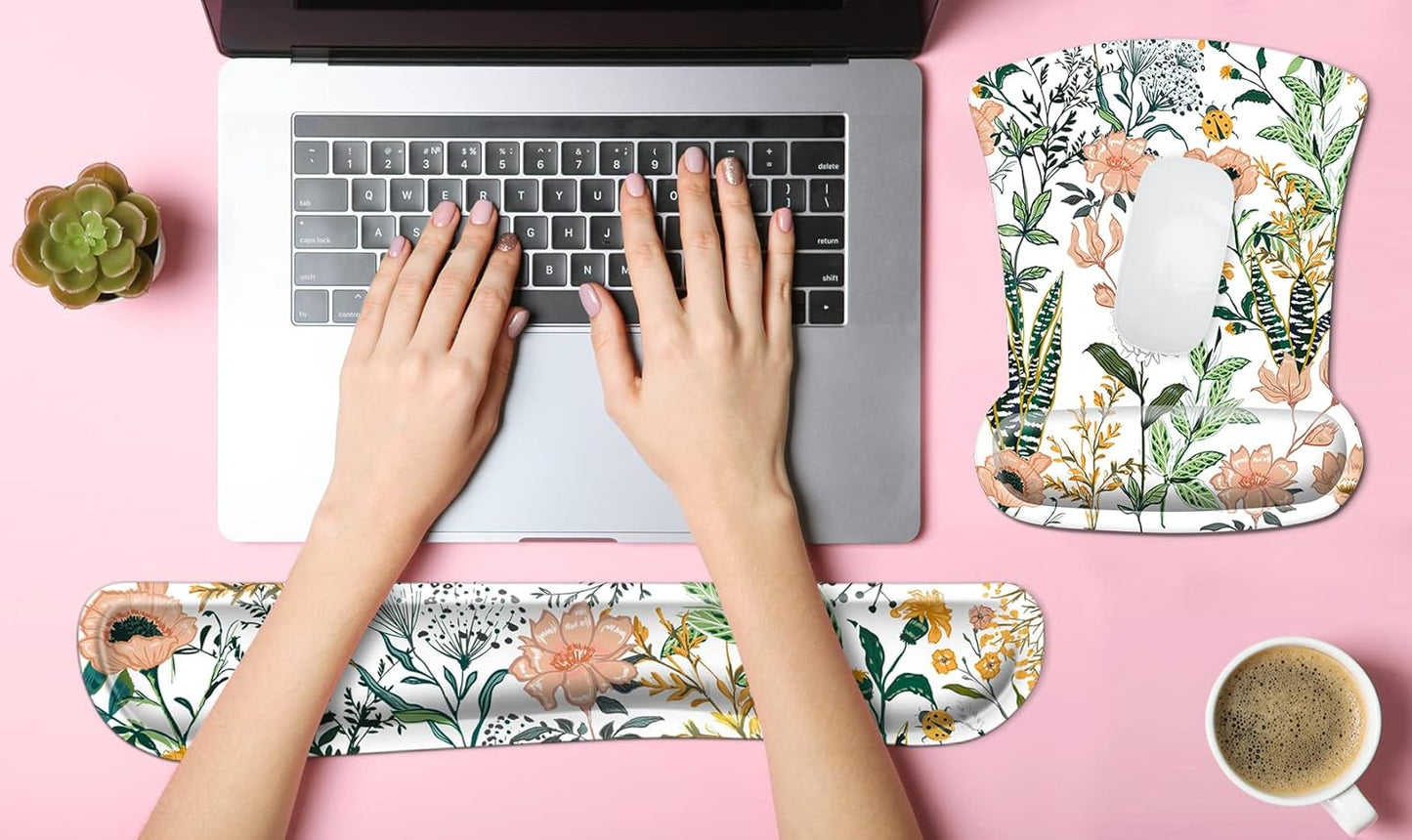 Ergonomic Mouse Pad with Wrist Rest Support and Keyboard Wrist Rest Set with Coaster,  Cute Wrist Pad with Non-Slip Rubber Base and Raised Memory Foam, Easy Typing & Pain Relief, Floral