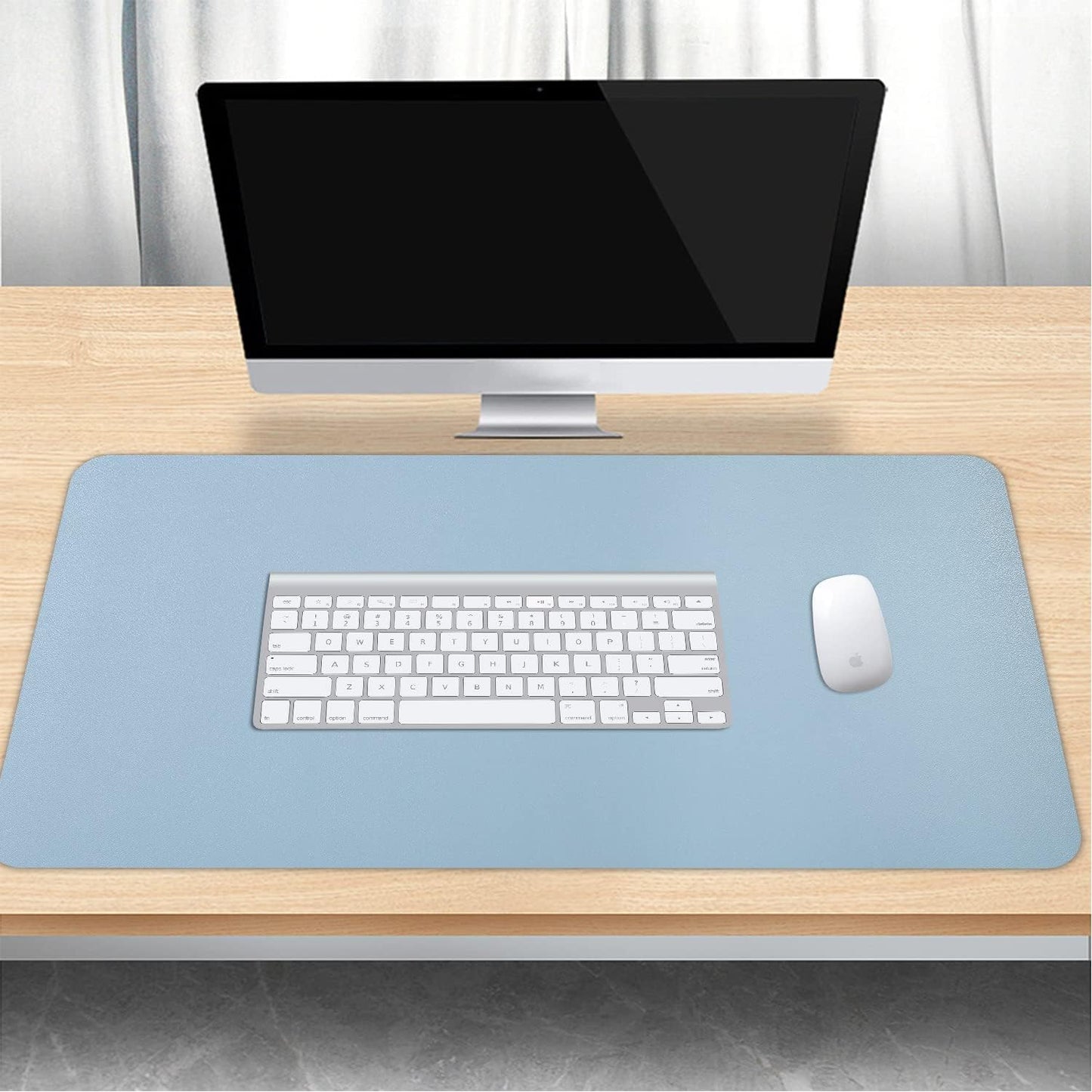 Dual Sided Leather Desk Pad (23.6 X 13.7), Office Waterproof Desk Mat, PU Mouse Pad, Desk Protector Cover, Desk Writing Mat for Office/Home/Work/Cubicle (Light Blue/Silver)