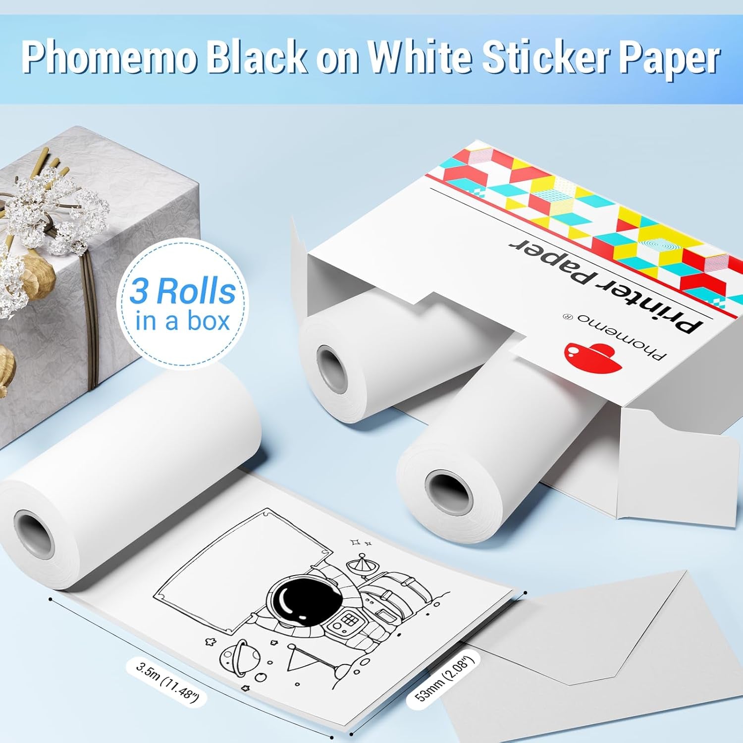 White Self-Adhesive Thermal Paper, Glossy Printable Sticker Paper for  M02/M02 Pro/M02S/M03 Pocket Mobile Printer, Black on White, 50Mm X 3.5M, Diameter 30Mm, 3-Rolls